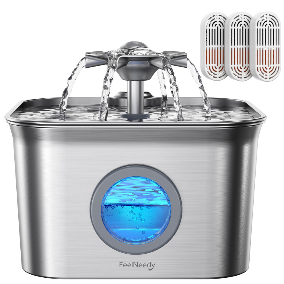 Feelneedy 2.8L Cat Water Fountain For Drinking, Stainless Steel Cat Fountain With 3 Pack Filters, Water Fountain C-At Bowl, Visible Water Level,