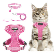 MuecleAO Cat Harness Set, Kitten & Adult Cat Adjustable Harness with Reflective Strips & Escape-Proof Leash (Pink, L)