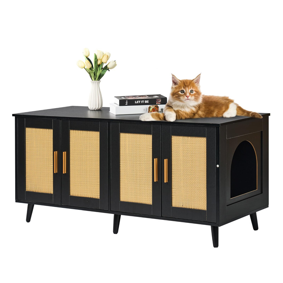 Vevor Cat Litter Enclosure For 2 Cats, Hidden With Rattan Decorated Doors, Wooden Cat Cabinet Fit Most Litter Box, 47.2"L X 19.7"W X 21.7"H, Black