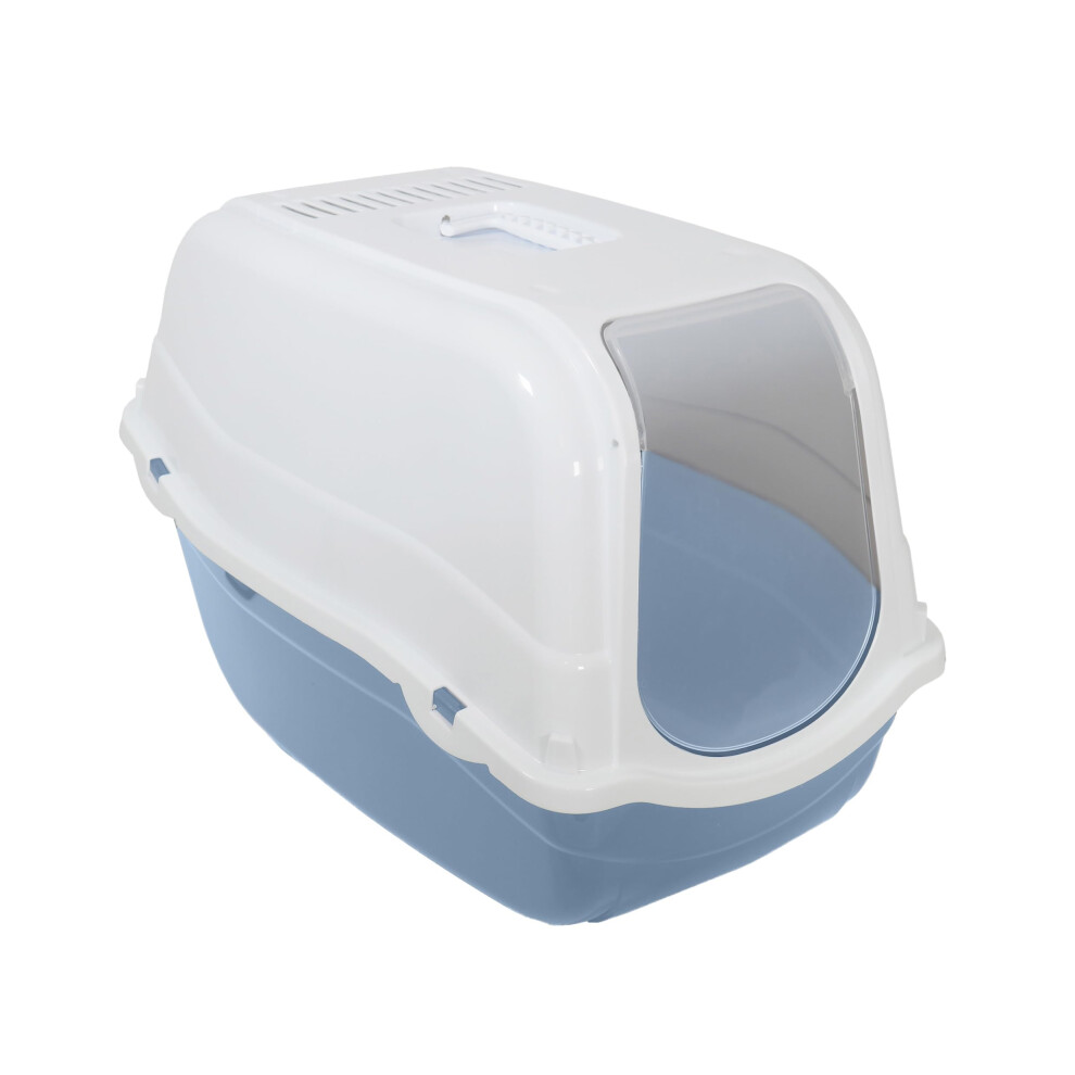 New Rosewood Romeo Plastic Cat Litter Tray With Hood, Covered Cat Toilet, Charcoal Filter For Odour Control, Easy Clean - / Light/Blue/White 84013