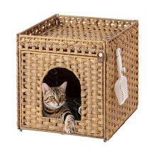 Klippehop Large Indoor Cat Litter Box Enclosure, Modern Handwoven Rattan Cat House Hidden Cat Litter Tray Furniture with Mat & S Hooks, Enclosed Cat