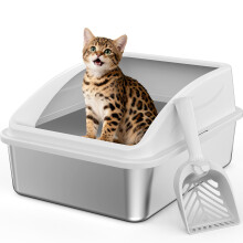 FURTIME Stainless Steel Cat Litter Tray with Detachable Enclosure, 21cm High Sided Cat Litter Box Anti-Spillage and 44cm Litter Tray with Lid for All