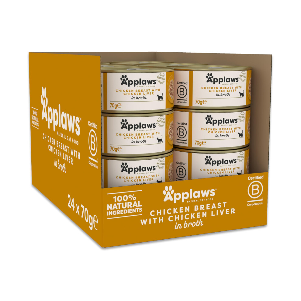 Applaws 100% Natural Wet Cat Food, Chicken Breast With Liver In 70G Broth Tin, 24 X 70G