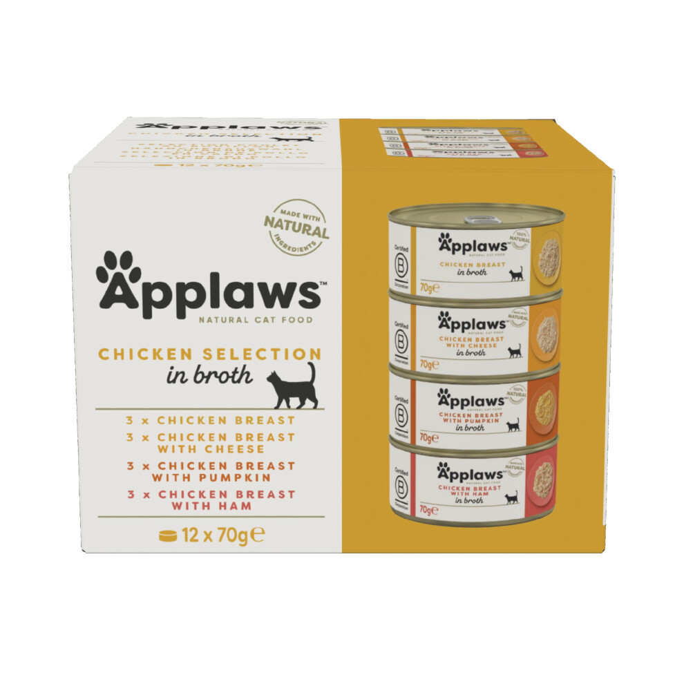 Applaws Natural Wet Cat Food Tin, Chicken Multipack Selection In Broth 70G (Pack Of 12 X 70G Tins)