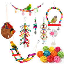 Parakeet Bird Parrot Toys Colorful Swing Chewing Hanging Toys with Bells Climbing Ladder Coconut Bird Cage for Small