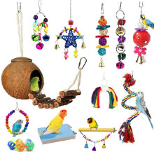 BIPY 16 PCS Bird Parrot Toys Hanging Bells Ball Swing Natural Coconut Birds Cage with Ladder Toy Pet Birds Stand Chewing Perches Wooden Toys for