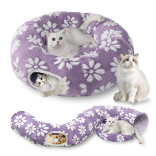 Yaning Cat Tunnel for Indoor Cats, Cute Peekaboo Cat Cave with Dangling Balls, Pet Donut Tunnel Bed with Circle Mat for Puppy Kitten Rabbit, Purple