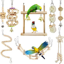 Natural Wood Parrot Swing and Chewing Accessories, 8Pcs Bird Set - Hanging Perch Hammock Climbing Ladder for Parakeet, Cockatiel, Lovebirds, Conures,
