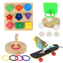 JasCherry 4Pcs Bird Training Toys Set Intelligence Toy Included Wooden Block Puzzle Toy, Training Basketball, Colorful Stacking Rings, Mini Skateboard