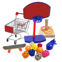 JasCherry 4Pcs Bird Training Intelligence Toys Set Included Training Basketball, Colorful Stacking Rings, Mini Skateboard and Shopping Cart Toy, Sepak