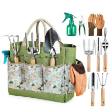 9Piece Heavy Duty Stainless Steel Gardening Tools Set with Ergonomic Wooden Handles and Storage Bag