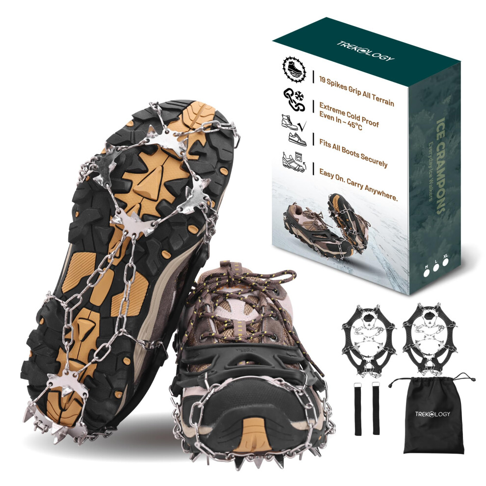 Trekology Crampons For Hiking Boots ? 19-Spike Stainless-Steel Microspikes & Ice Cleats, Durable Traction Crampons For Boots, Snow & Ice Grip For Men