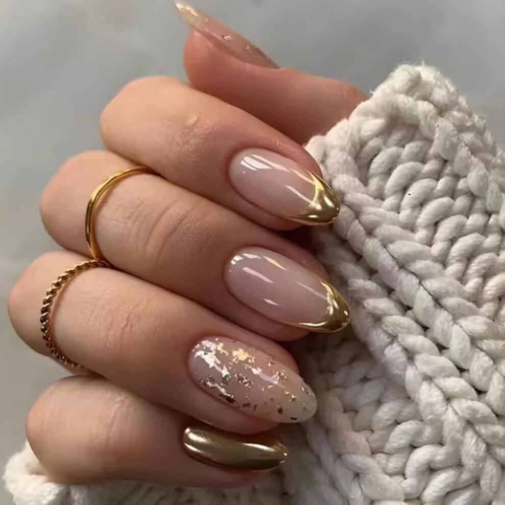 Gold French Tip Press On Nails Reusable Medium Oval Fake Nails With Adhesive Tabs 24Pcs