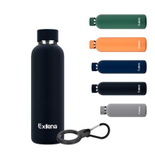 Exllena Insulated Black Water Bottles 500ml with Clip, Double Wall Vacuum Drinks Bottle Keeps Drinks Cold 24 Hrs/Hot 12 Hrs, Stainless Steel Water