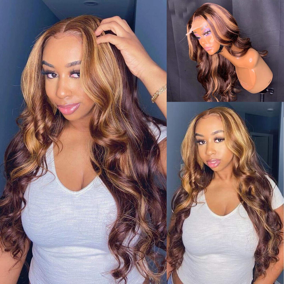 Unisex Brown 16 Inch Blonde Highlight Human Hair Lace Front Wig, Brazilian Virgin Hd Lace, Pre Plucked