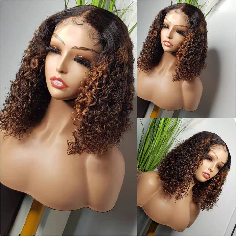 Unisex Human Hair Lace Front Wig 14 Inch Ombre Highlight Curly Bob Brazilian Remy Pre Plucked Bleached Knots