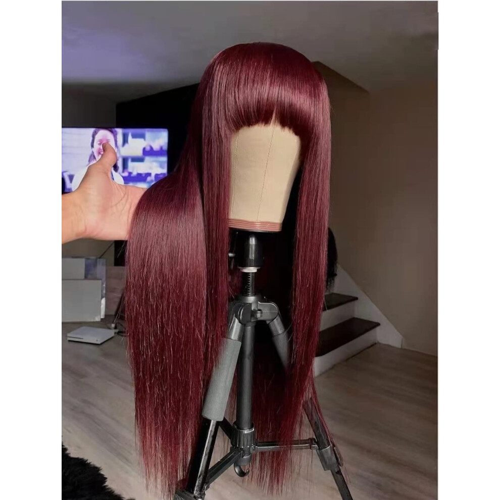 Unisex Red 99J Straight Human Hair Wig With Bangs, Wine Brazilian Wig 22 Inch, Glueless No Lace Front