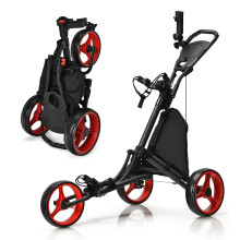GYMAX 3/4 Wheels Golf Push Pull Cart, Lightweight Height Adjustable Golf Trolley with Storage Bag, Foot Brake, Umbrella Holder and Built-in Cooler,
