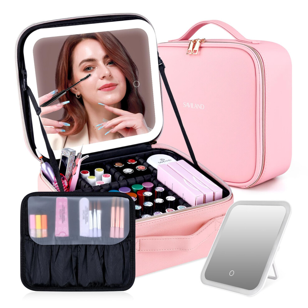 Travel Makeup Bag with Rechargeable LED Mirror, Waterproof PU Leather Cosmetic Organizer with Adjustable Dividers