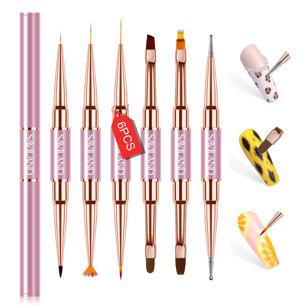 6pcs DualEnd Gel Nail Art Brush Set with Dotting Tools, Precision Liner, Professional Manicure