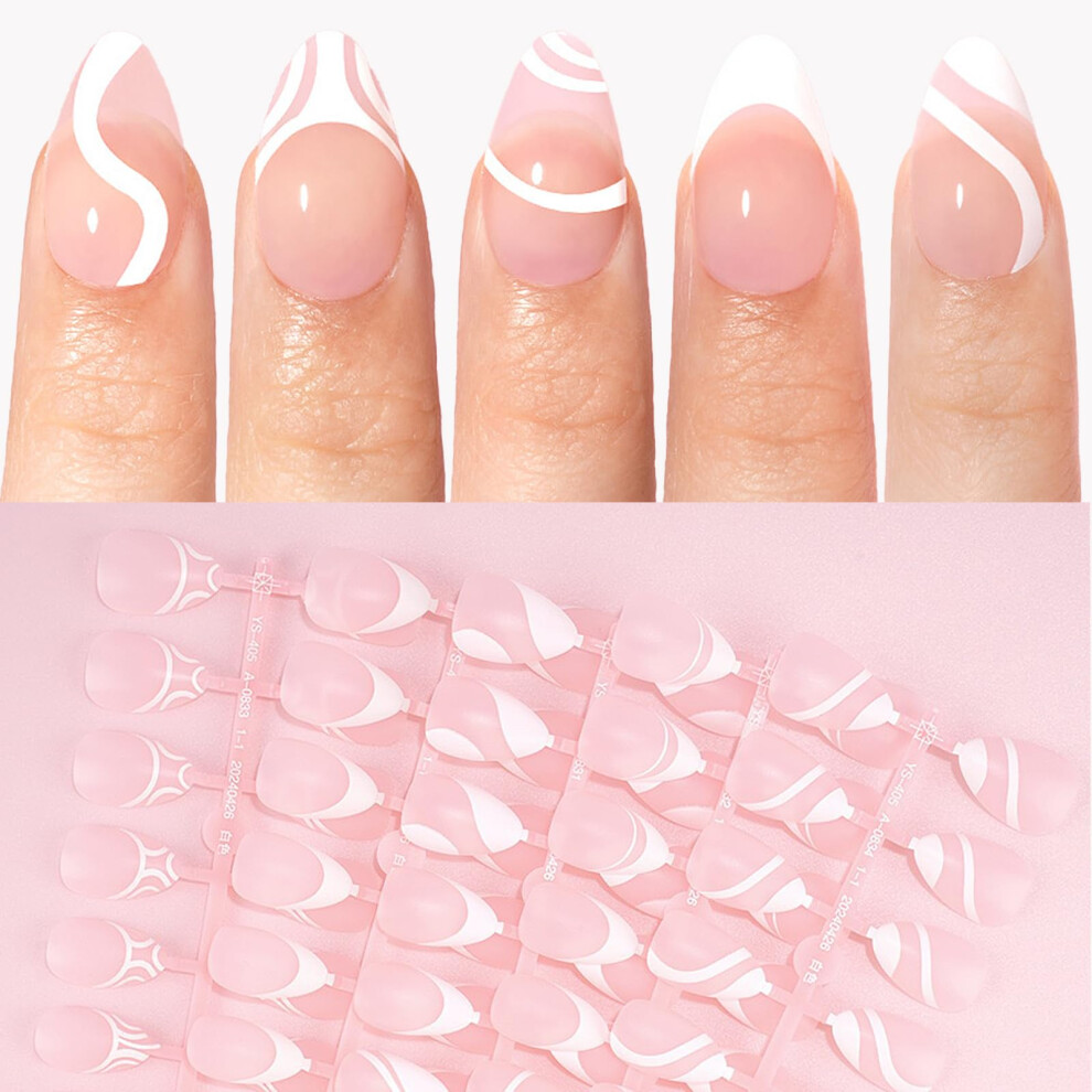 Almond French Press On Nails 120pcs Soft Gel Swirl Tips Ultra Fit Medium Acrylic False Nail Set