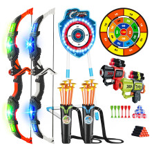 VATOS 2 Pack Bow and Arrow Toy with LED Light - 4 in 1 Archery & Dart Game Set with 20 Suction Cup Arrows, Shark Glow Target & Dart Board -