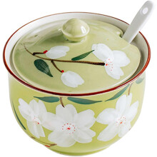 Ceramic Sugar Bowl with Lid and Spoon, Hand Painted Sakura Pattern, Pink 300ml Tea Time Jar