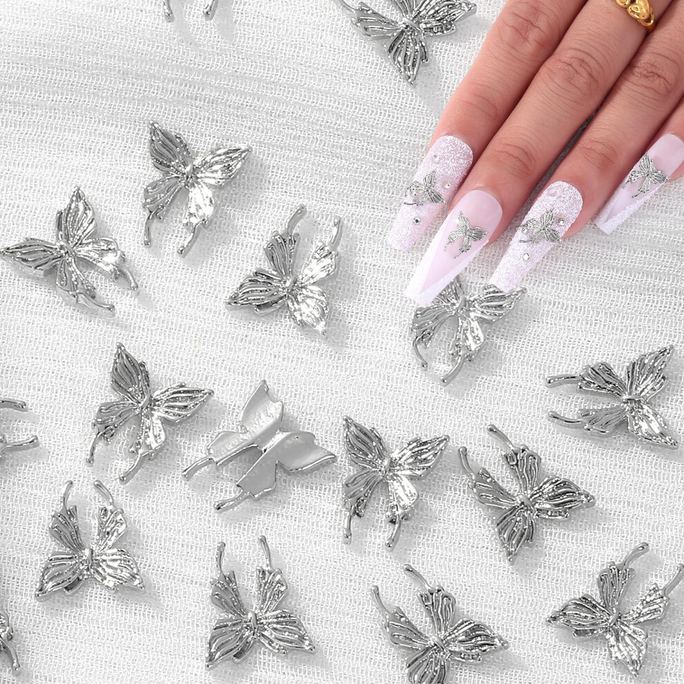 Silver 100Pcs 3D Butterfly Nail Charms Metal With Sparkling Gems For Acrylic Nail Art Decorations