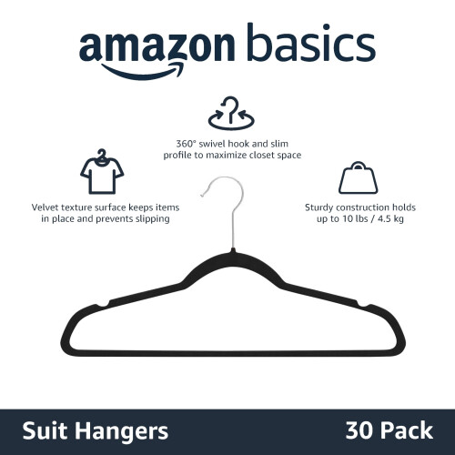 Amazon Amazon Basics Slim Velvet Non-Slip Suit Hangers - 30-Pack, Black/Silve 1