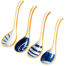 Set of 4 Blue and White Porcelain Asian Soup Spoons, 6.3 Inch Gold Trimmed for Ramen Pho Rice