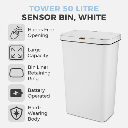 Tower Tower T838005W Sensor Bin with Retainer Ring, Battery-Operated, 50L, W 1