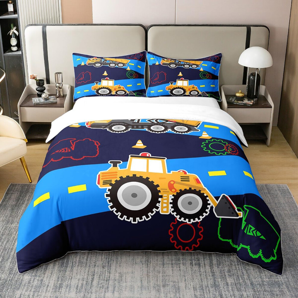 Queen Cotton Construction Duvet Cover Set for Kids with Trucks, Excavator and Bulldozer Print