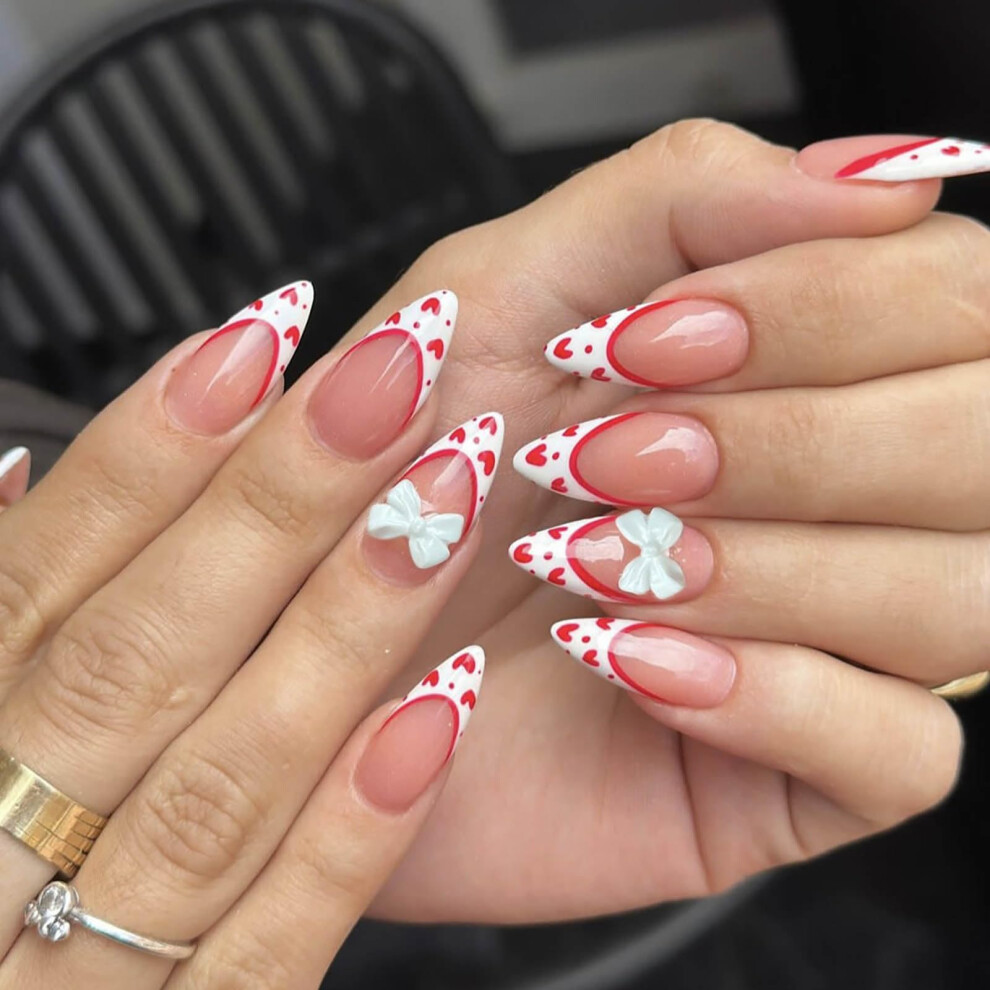 Pink Valentine Press On Nails Almond Shape Fake Nails With 3D Bowknot Glossy Acrylic 24Pcs