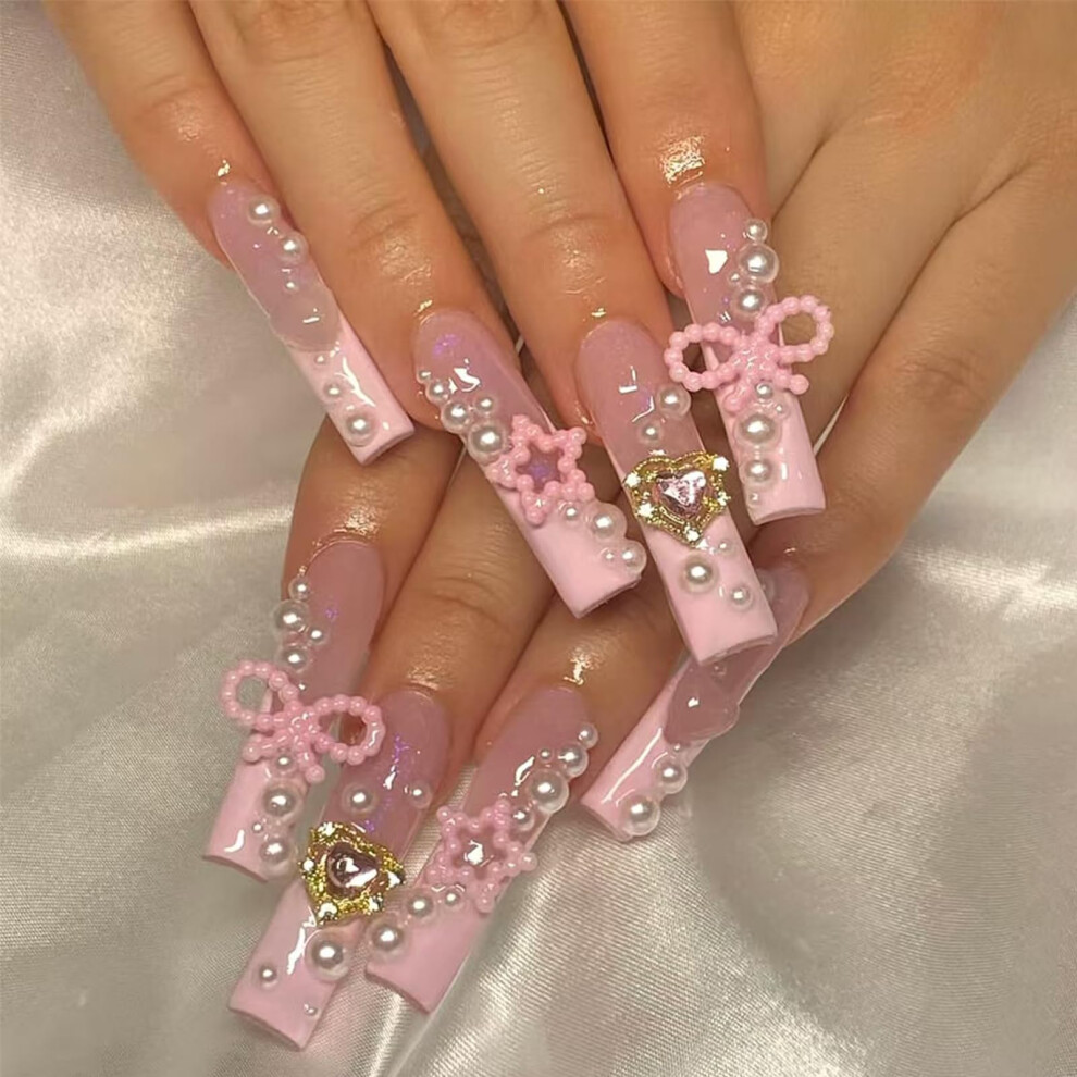 Pink Long Coffin Press On Nails French Tip And Lavender Glitter Instant Glam Manicure 24Pcs