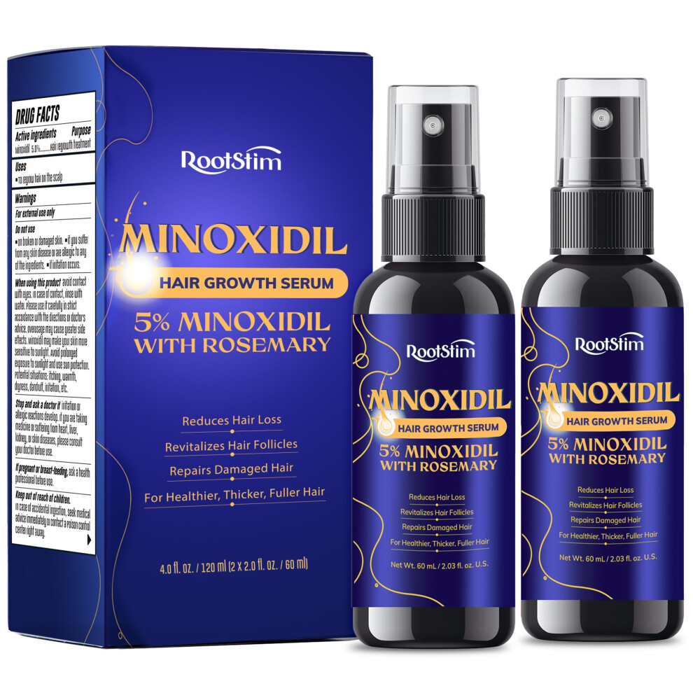 5% Minoxidil Hair Growth Serum for Men and Women, 2Pack Extra Strength Hair Loss Treatment with Rosemary, 60ml Each