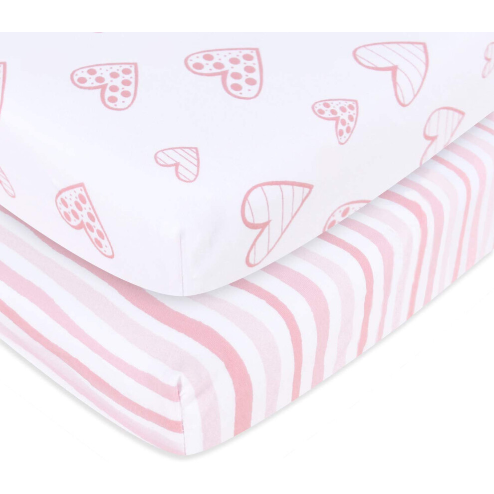 Travel Cot Fitted Sheet, 2 Pack, 100% Jersey Knit Cotton Pack N Play Sheets Or Playpen Sheets(9565Cm), Ultra Soft And Breathable For Baby Girls Springspirit
