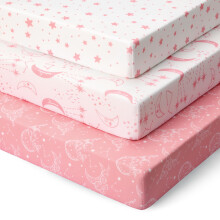 Unnivoll Travel Cot Sheets 95 x 65 cm Fitted Super Soft & Breathable Travel Cot Mattress Sheets 3 PackWhite Pink Moon