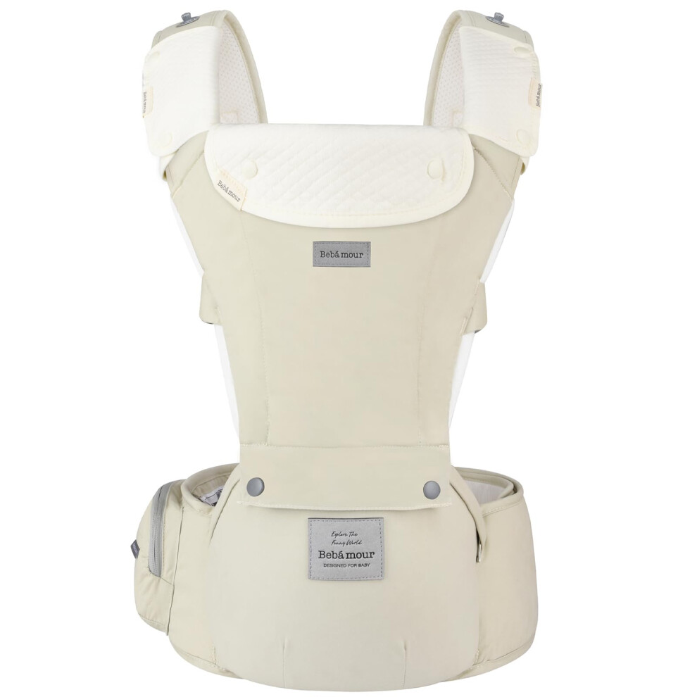 Bebear Bebamour Baby Carrier Newborn To Toddler Baby Carrier Hipseat 0-36Months With Head Hood, 3 Pcs Teething Pads, Waist Extender, Khaki