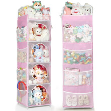 AXHOP Toy Storage, 42x42x162cm Teddy Storage, 5-Tier & 8 Side Pockets Toy Box, Kids Storage Unit for Bedroom & Playroom, Pink