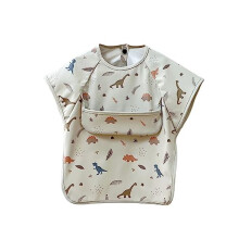 Cozozn Baby Weaning Bib Short Sleeves Toddler Feeding Bibs with Arms Plastic Back Waterproof Coverall Weaning Bib 2-4 Years, Dinosaurs Beige
