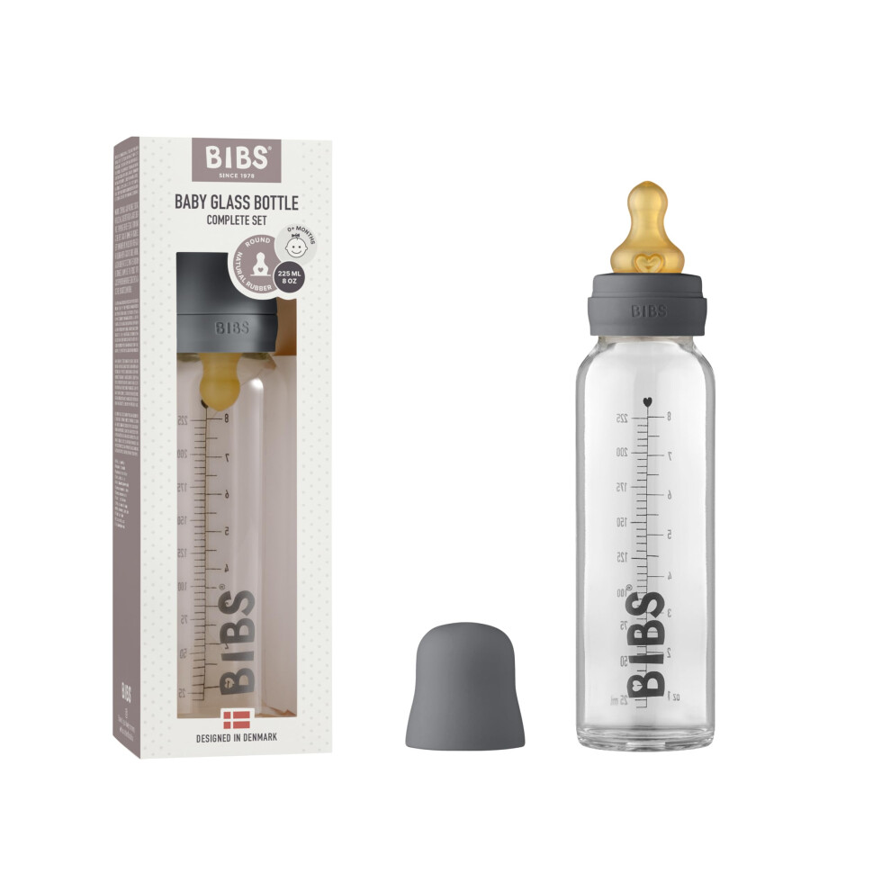Baby Glass Bottle. Anti-Colic. Round Natural Rubber Latex Teat. Supports Natural Breastfeeding, 225 Ml, Iron Bibs