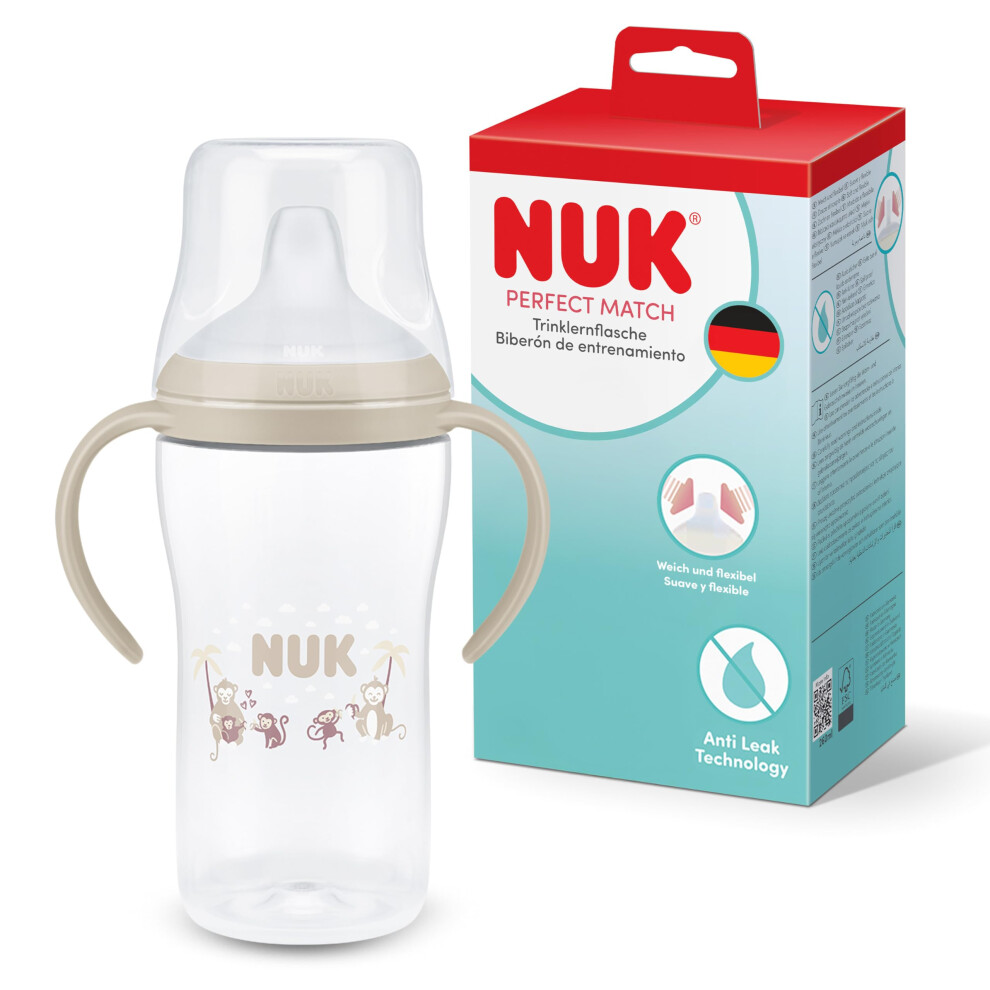 Perfect Match Learner Bottle | 6+ Months | 260Ml | Leak Proof Sippy Cup Toddler Bottle | Anti-Slip Handles | Monkey | 1 Count Nuk