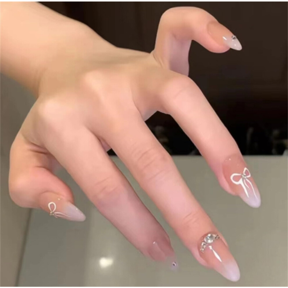 Cream Long Almond Press On Nails Nude Glossy Soft Gel Fake Nails Kit Easy Diy Application