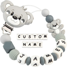 Dummy Clips Personalised Name for Boys Girls Soother Chain Teddy Bear Customized Pacifier Holder(Grey)
