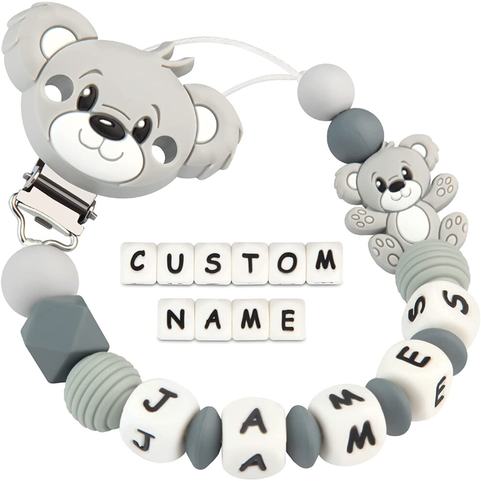 Kowlone Dummy Clips Personalised Name For Boys Girls Soother Chain Teddy Bear Customized Pacifier Holder(Grey)