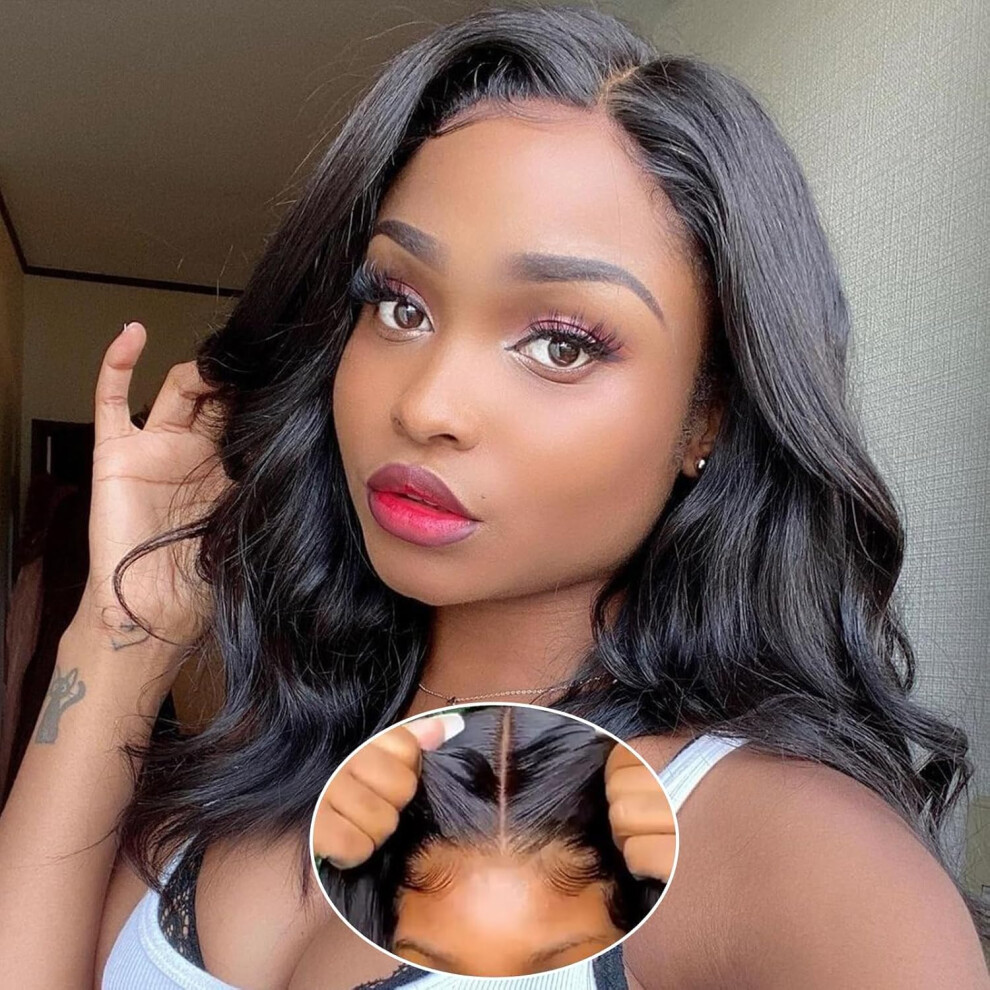 Unisex Black Human Hair Lace Front Bob Wig 14 Inch 4X4 Hd Closure Pre Plucked Bleached Knots For Women