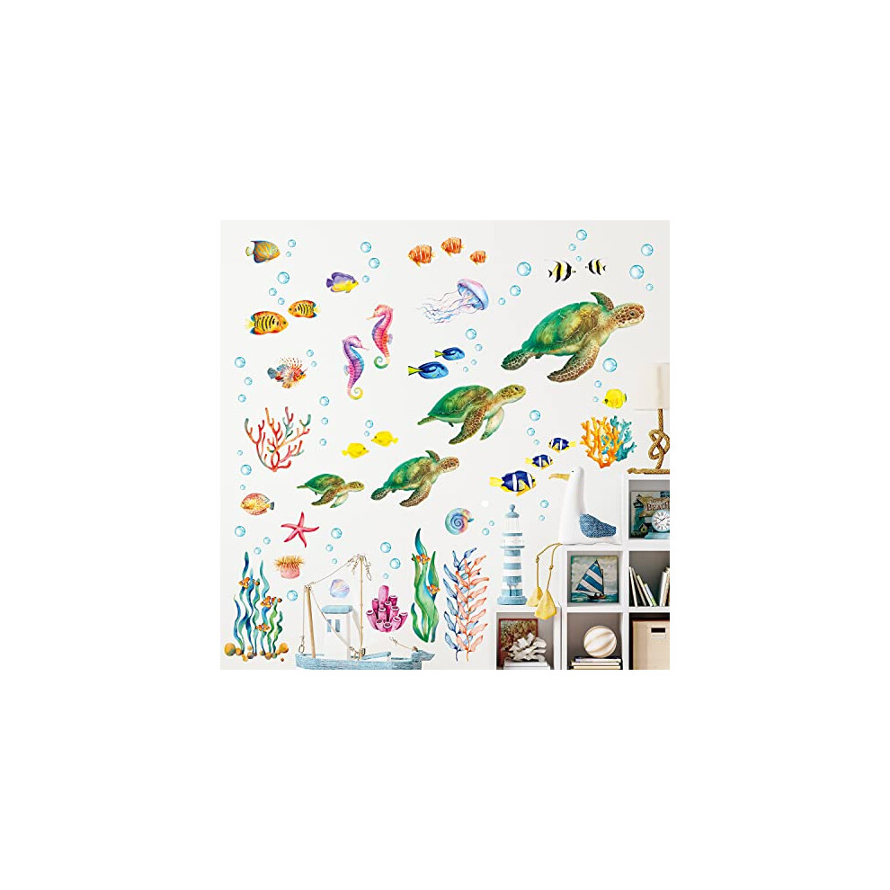 Ba-4001 Sea Turtle Wall Stickers Under The Sea Decals Fish Jellyfish Seaweed For Bathroom Nursery Bedroom Living Room Art Home Décor Coral Bashom