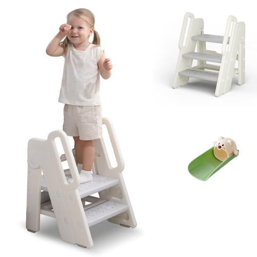 hoopyosms Toddler Step Stool, Adjustable 2/3-Step Foldable Plastic Step Stool with Handles and Non-Slip Design, for Kitchen & Bathroom Use(Grey)
