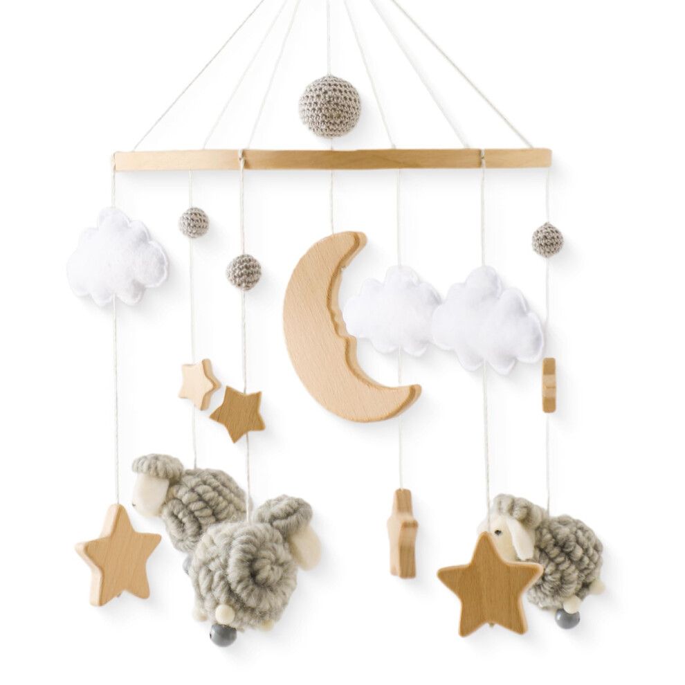 Wooden Star Moon Sheep Baby Mobile - Felt Clouds Sheep Cot Mobile With Bell Wind Chimes For Newborn Babies Grey Promise Babe