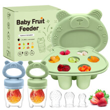 Baby Fruit Feeder Set, Includes 2 Food Dummy Feeders with 3 Size Nipples, Silicone Feeder(Blue Green) for Babies, Pacifier & Storage Containersr